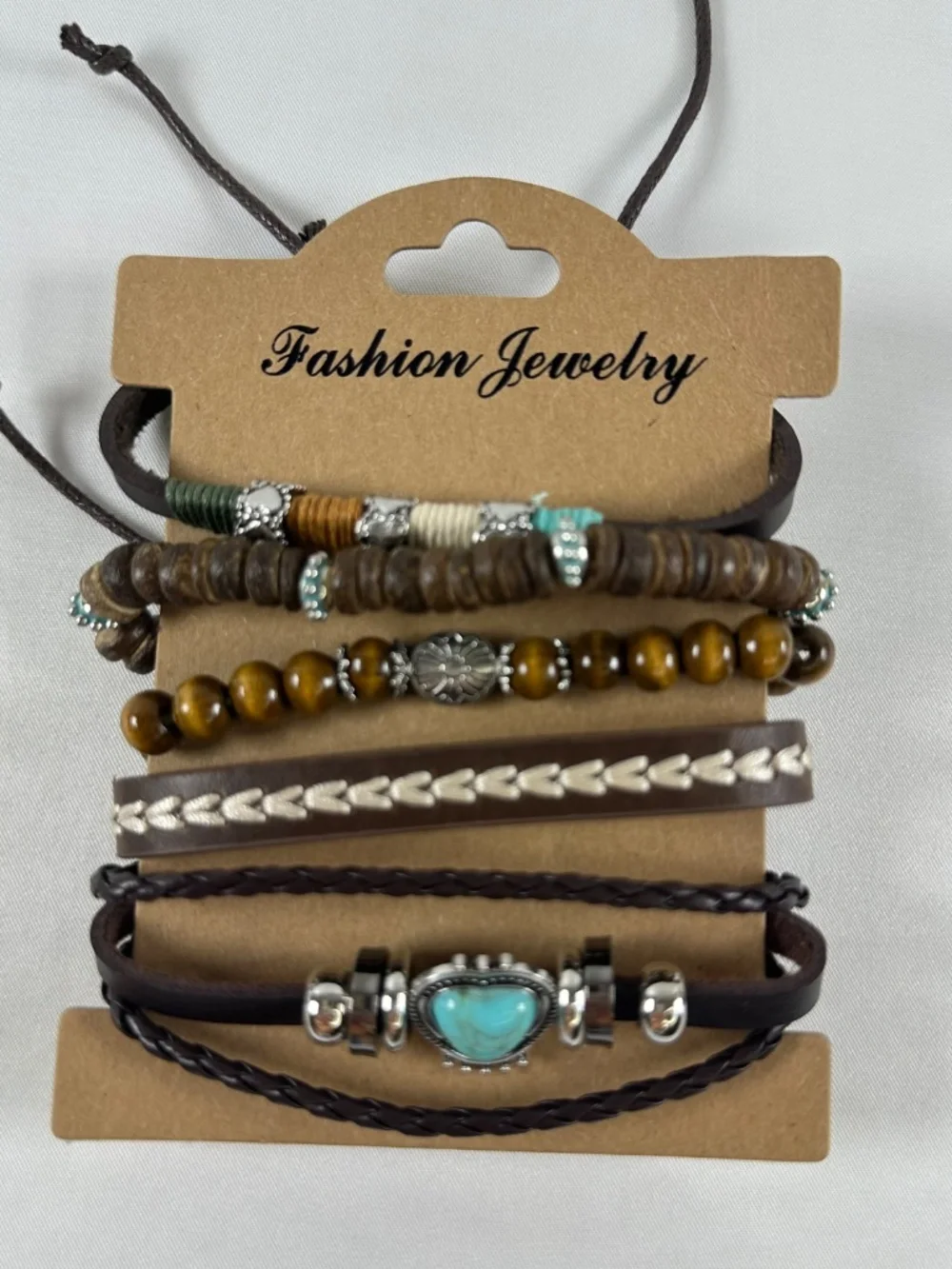 Seven Fashion Jewelry Bracelets, Brown with Embellishments, Adjustable Sizing